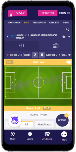 Vbet In-Play section for Android