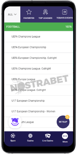 Sports section in Vbet Android App